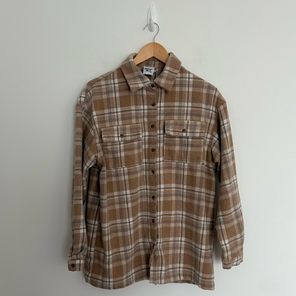 Princess Polly Womens Plaid Flannel Beige Tan Cream Button Down Long Sleeves